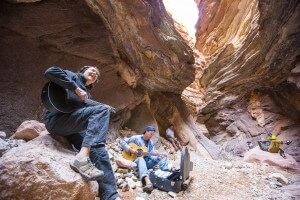Guests play guitar in Blacktail Canyon, famed for its acoustics.