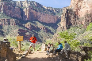 Guests take a break along the Bright Angel Trail on the hike in.