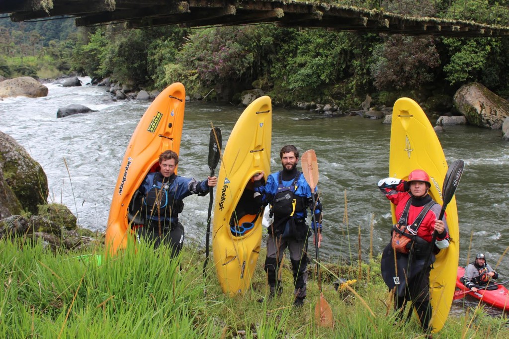 Grand Canyon Whitewater guides, Ted, Dave and Grant kayaking in Ecuador