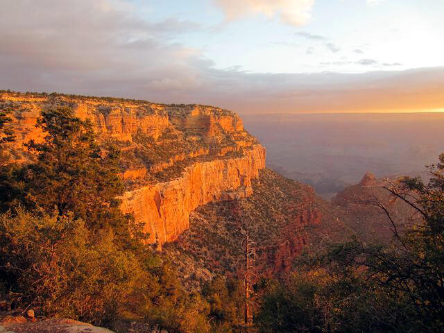 A morning view of the Bright Angel Trail and Grand Canyon before hiking into a Grand Canyon raft trip.
