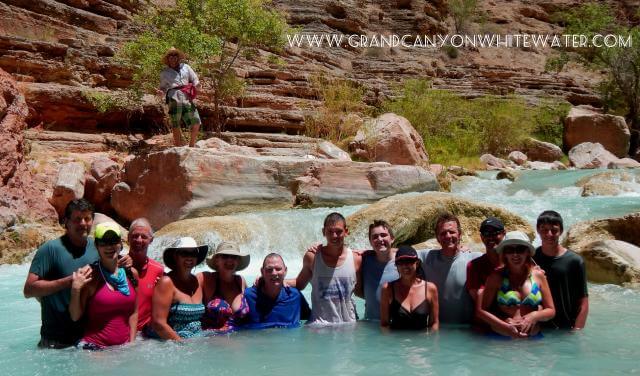 Grand Canyon Whitewater rafters enjoy the warmer, baby blue water of Havasu Creek.