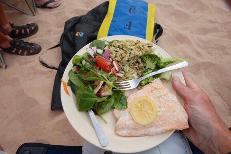 Salmon meal with salad and rice